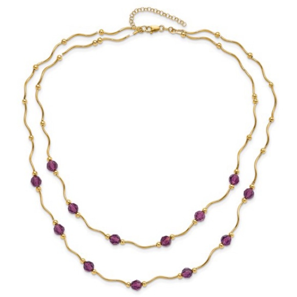 14k Yellow Gold Spiral Bead and Purple Crystal 17” w 2” Ext Layered Necklace